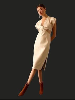 ANTHROPOLOGIE Eva Franco Vegan Leather Ivory Cutout Dress, Cap Sleeves, Size 6.